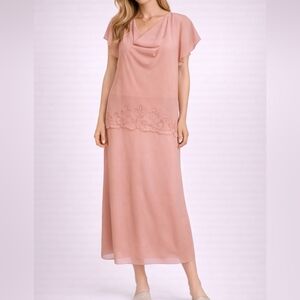ANOTHER THYME Pink Mother of the Bride Beaded Cowl Neck Drop Waist Dress